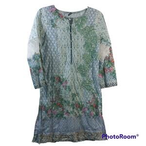 Mausummery Blue Green Embroidered Pearl Tunic Top Size XS